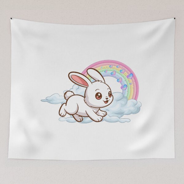 Item preview, Jumping Bunny - Cute White Rabbit on a Cloud with Rainbow and Hearts designed and sold by Love3Happy.