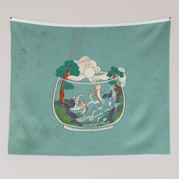 Item preview, Terrarium Yak Ri Do Carp Jumping (Teal Rock Moon Pale Green)  designed and sold by QamarART Paintings.