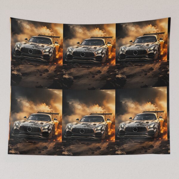 Item preview, Battle Scarred Silver Race Car Bursting Flames Through Rocky Terrain designed and sold by RevUpDesign.