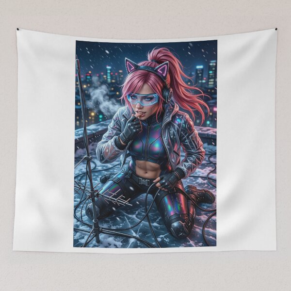 Item preview, Cathrynedelamort Cyber Cat Girl Rooftop Snow designed and sold by CathryneDelamort.