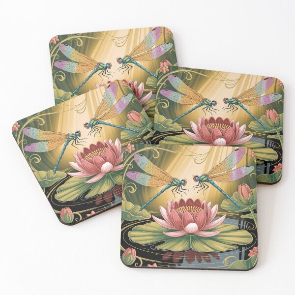 Item preview, Art Nouveau Dragonflies and Lily Illustration | Golden Floral Pond Scene | Vintage Mucha Inspired Art designed and sold by Tamas Das.
