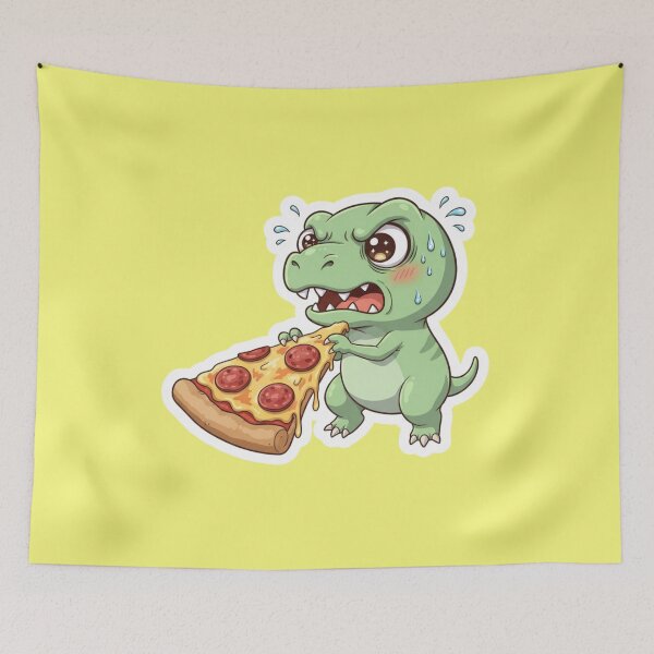 Item preview, Hungry T Rex Eating Giant Pepperoni Pizza Slice Kawaii Chibi Dinosaur designed and sold by bvdesignart.