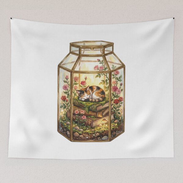 Item preview, Magical Watercolor Cat Sleeping in a Floral Book Terrarium designed and sold by EverBranz-stor.