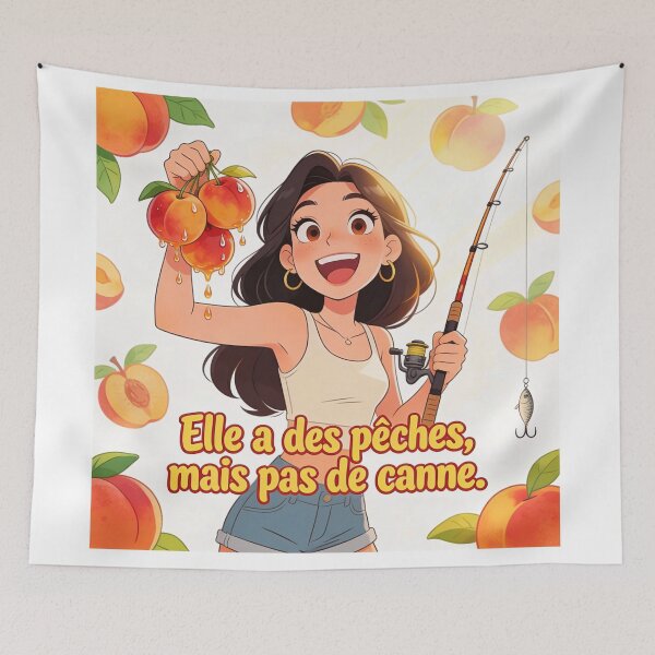 Item preview, She's got peaches, but no fishing rod! Funny French pun cartoon peach woman designed and sold by JonathanP514.