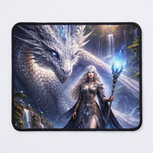 Item preview, Ice Sorceress and White Dragon – Enchanted Fantasy Guardian designed and sold by DrakariArt.