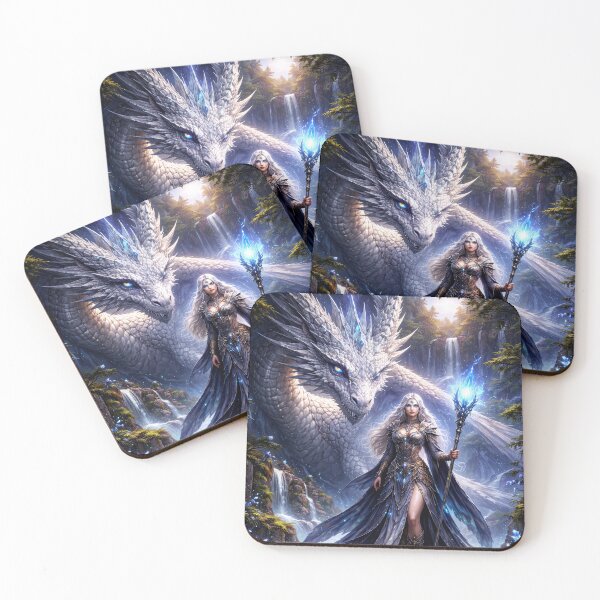 Item preview, Ice Sorceress and White Dragon – Enchanted Fantasy Guardian designed and sold by DrakariArt.