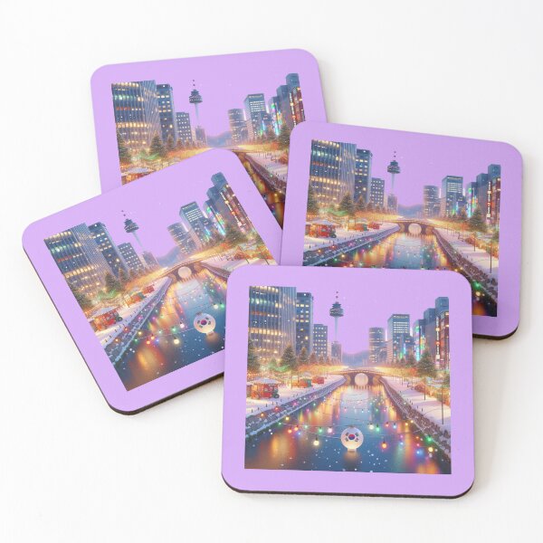 Item preview,  Cheonggyecheon, Korea – Colorful Winter City Landscape Label  designed and sold by PaintMeWorld.