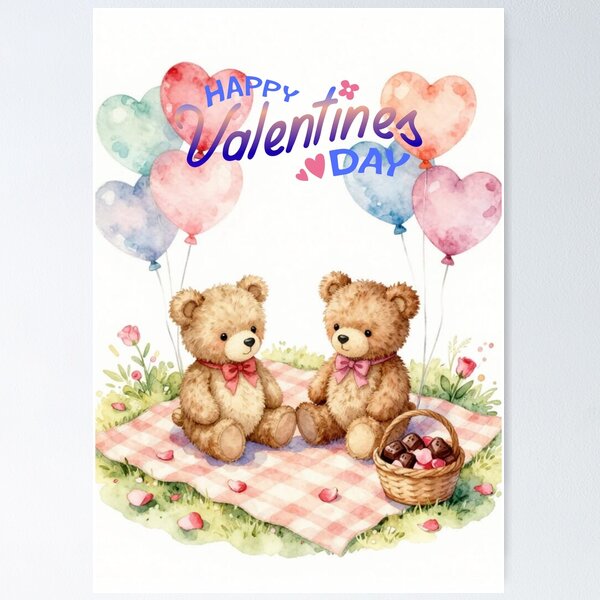 Item preview, Happy Valentine’s Day – Adorable Teddy Bears with Heart Balloons designed and sold by Linda Roisum.