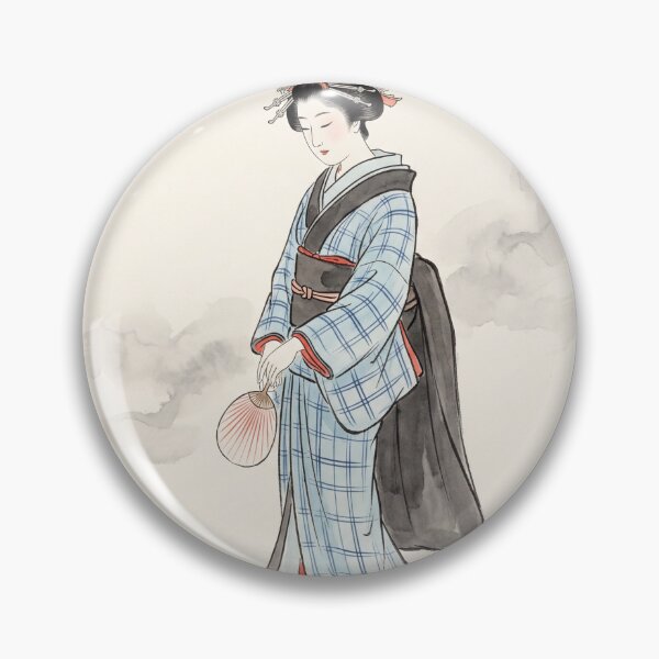 Item preview, Japanese Geisha Watercolor Blue Kimono Fan Art Print designed and sold by AbstractAuraArt.