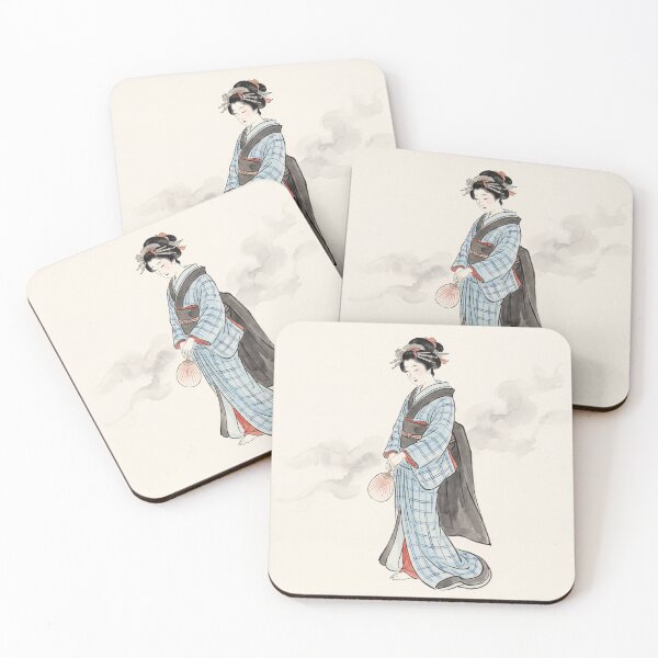 Item preview, Japanese Geisha Watercolor Blue Kimono Fan Art Print designed and sold by AbstractAuraArt.