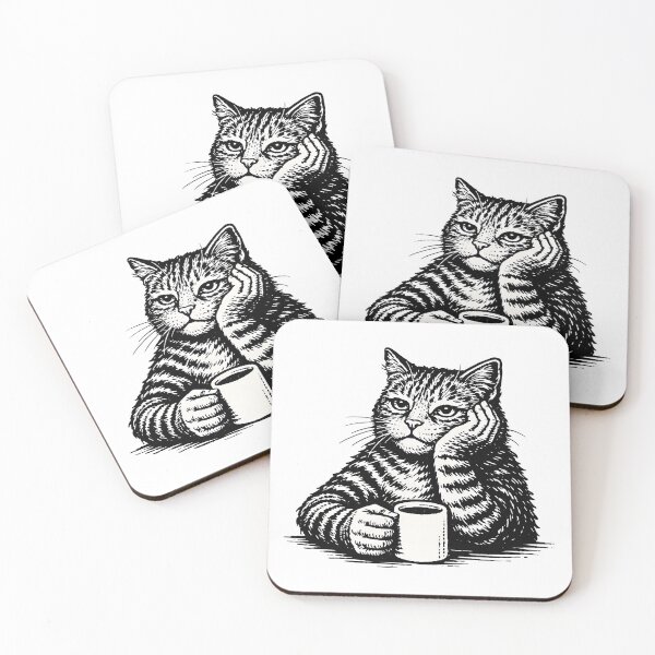 Item preview, Bored Cat with Coffee Mug – Black and White Illustration designed and sold by Senkov.