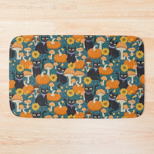 Item preview, Cottage Core Halloween Black Cats teal background designed and sold by pholiumsigma_design.
