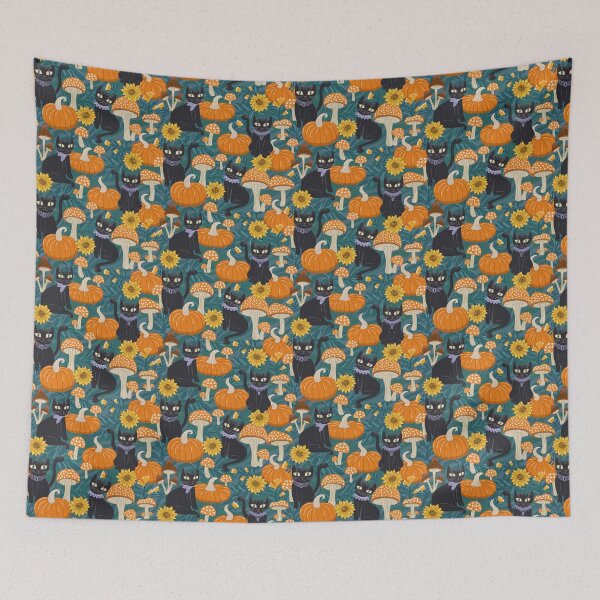 Item preview, Cottage Core Halloween Black Cats teal background designed and sold by pholiumsigma_design.