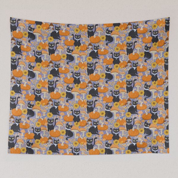 Item preview, Cottage Core Halloween Black Cats violet background designed and sold by pholiumsigma_design.