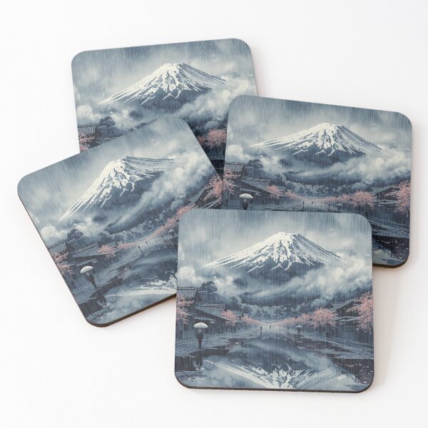 Item preview, Mount Fuji Puddle Reflection Ukiyo-e Surreal Japanese Rainy Village Silver Rain Mist Art designed and sold by Vandy Fullam.