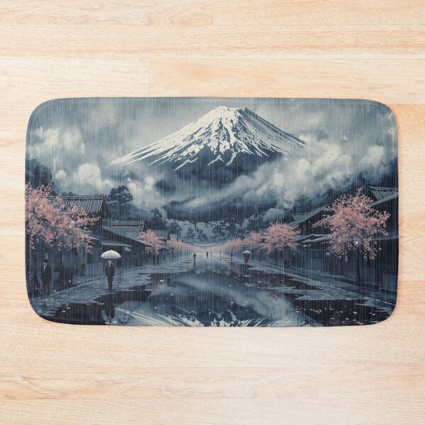 Item preview, Mount Fuji Puddle Reflection Ukiyo-e Surreal Japanese Rainy Village Silver Rain Mist Art designed and sold by Vandy Fullam.