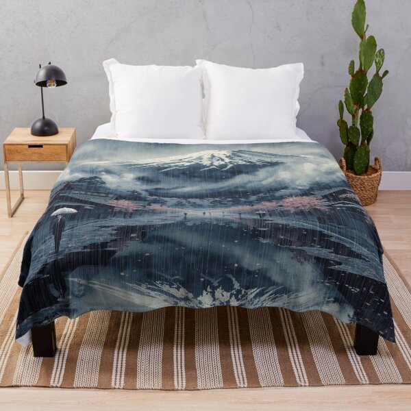 Item preview, Mount Fuji Puddle Reflection Ukiyo-e Surreal Japanese Rainy Village Silver Rain Mist Art designed and sold by Vandy Fullam.