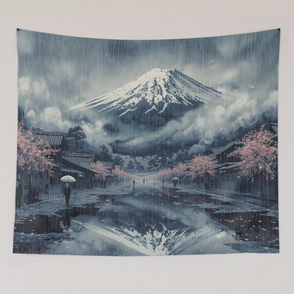 Item preview, Mount Fuji Puddle Reflection Ukiyo-e Surreal Japanese Rainy Village Silver Rain Mist Art designed and sold by Vandy Fullam.