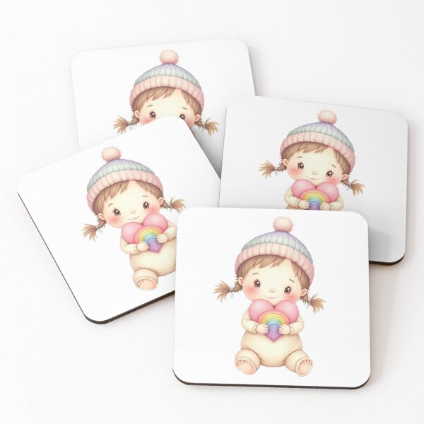 Item preview, Cute Baby Girl Holding Rainbow Heart Illustration – Soft Pastel Nursery Art designed and sold by StudioWhitworth.