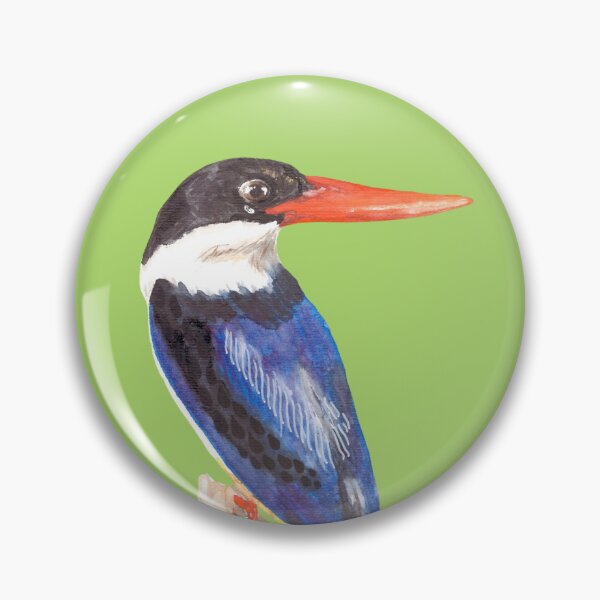 Item preview, Black-Capped Kingfisher, Brilliant blue with black eyes and a magnificent red beak on a green background designed and sold by art-elodie-g.