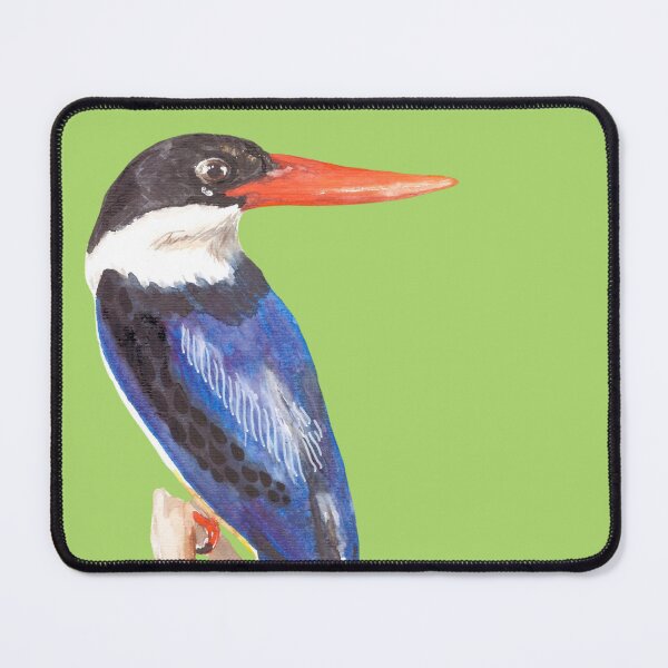 Item preview, Black-Capped Kingfisher, Brilliant blue with black eyes and a magnificent red beak on a green background designed and sold by art-elodie-g.