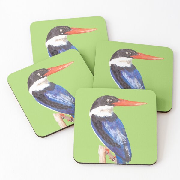 Item preview, Black-Capped Kingfisher, Brilliant blue with black eyes and a magnificent red beak on a green background designed and sold by art-elodie-g.