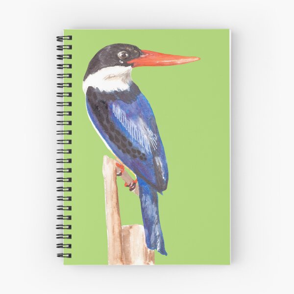 Item preview, Black-Capped Kingfisher, Brilliant blue with black eyes and a magnificent red beak on a green background designed and sold by art-elodie-g.