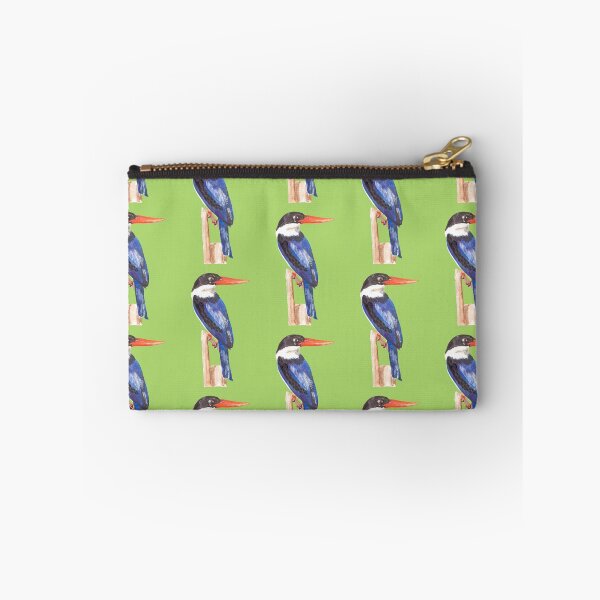Item preview, Black-Capped Kingfisher, Brilliant blue with black eyes and a magnificent red beak on a green background designed and sold by art-elodie-g.