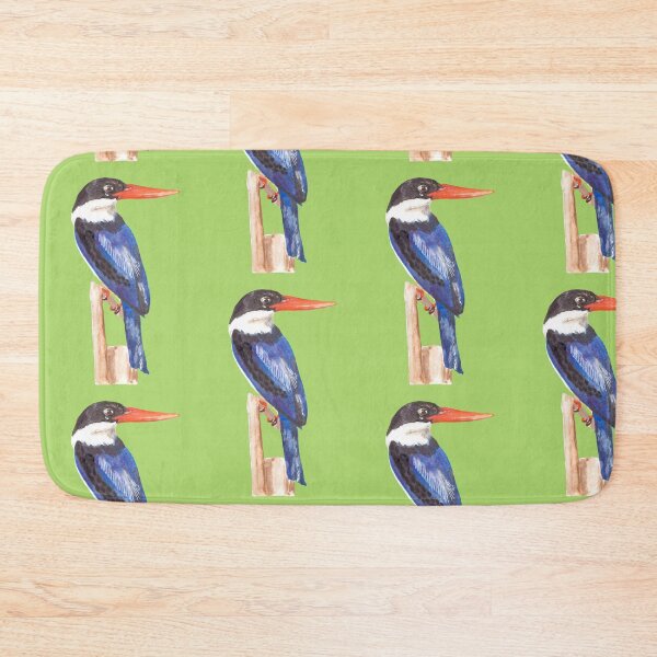 Item preview, Black-Capped Kingfisher, Brilliant blue with black eyes and a magnificent red beak on a green background designed and sold by art-elodie-g.