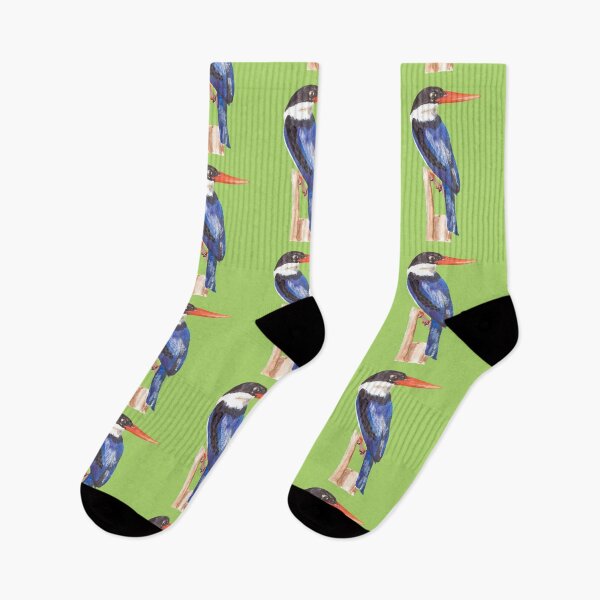 Item preview, Black-Capped Kingfisher, Brilliant blue with black eyes and a magnificent red beak on a green background designed and sold by art-elodie-g.
