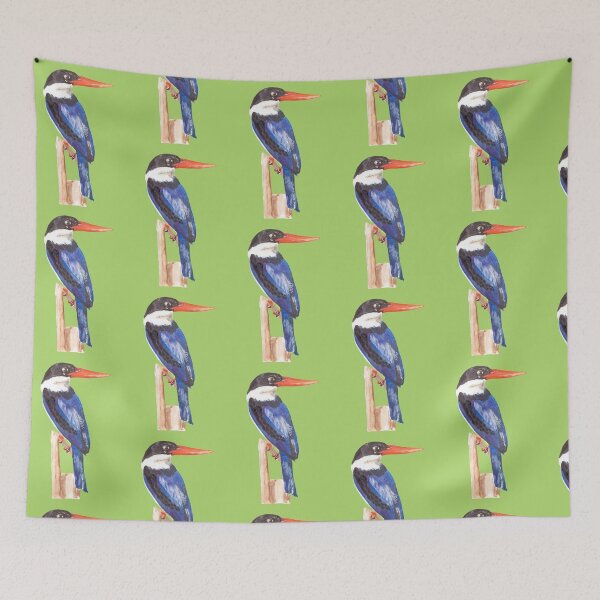 Item preview, Black-Capped Kingfisher, Brilliant blue with black eyes and a magnificent red beak on a green background designed and sold by art-elodie-g.