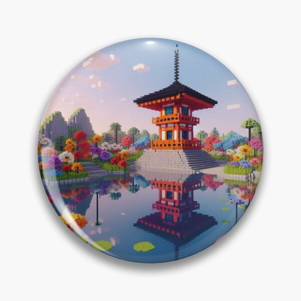 Item preview, Minecraft world, Japanese garden, cherry blossom trees, Japan, gaming, blue sky, pixel art, blocky digital landscape designed and sold by Sugar Wisdom .