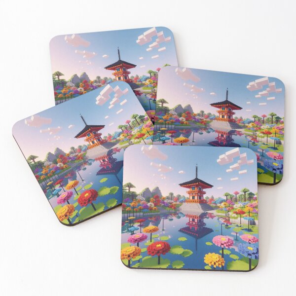 Item preview, Minecraft world, Japanese garden, cherry blossom trees, Japan, gaming, blue sky, pixel art, blocky digital landscape designed and sold by Sugar Wisdom .