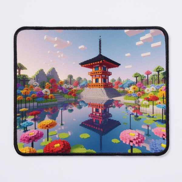 Item preview, Minecraft world, Japanese garden, cherry blossom trees, Japan, gaming, blue sky, pixel art, blocky digital landscape designed and sold by Sugar Wisdom .