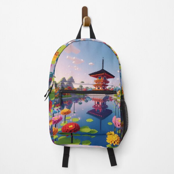 Item preview, Minecraft world, Japanese garden, cherry blossom trees, Japan, gaming, blue sky, pixel art, blocky digital landscape designed and sold by Sugar Wisdom .