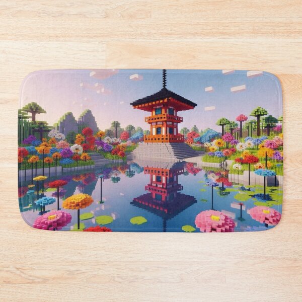 Item preview, Minecraft world, Japanese garden, cherry blossom trees, Japan, gaming, blue sky, pixel art, blocky digital landscape designed and sold by Sugar Wisdom .