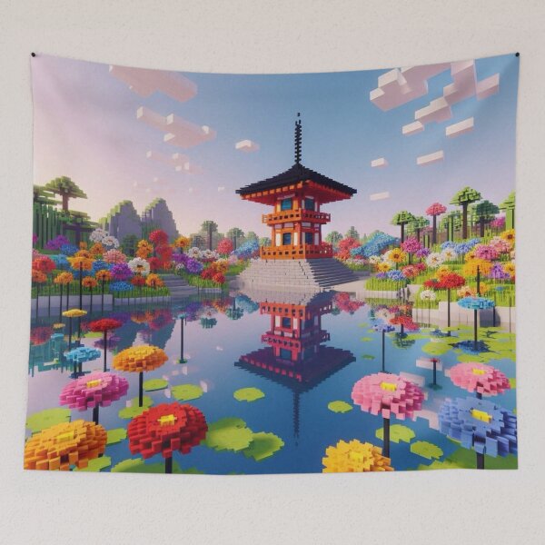 Item preview, Minecraft world, Japanese garden, cherry blossom trees, Japan, gaming, blue sky, pixel art, blocky digital landscape designed and sold by Sugar Wisdom .