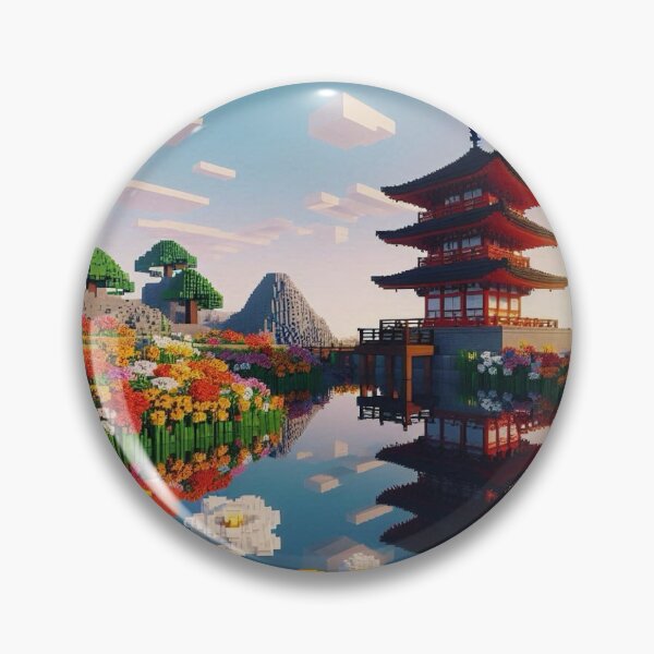Item preview, Minecraft world, Japanese garden, cherry blossom trees, Japan, gaming, blue sky, pixel art, blocky digital landscape designed and sold by Sugar Wisdom .