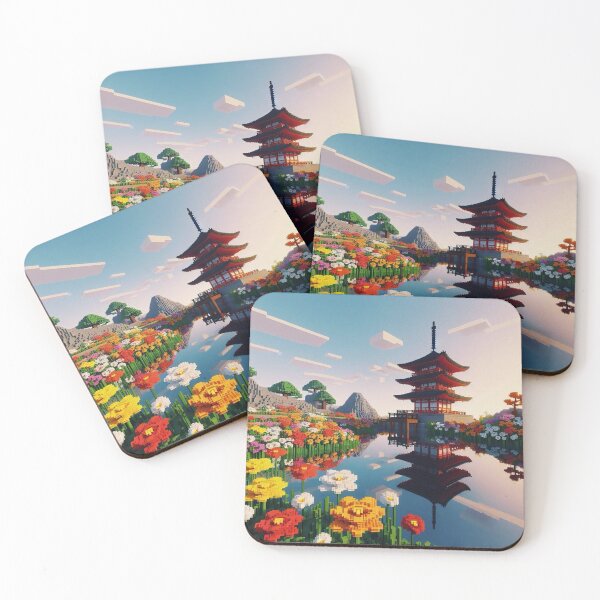 Item preview, Minecraft world, Japanese garden, cherry blossom trees, Japan, gaming, blue sky, pixel art, blocky digital landscape designed and sold by Sugar Wisdom .