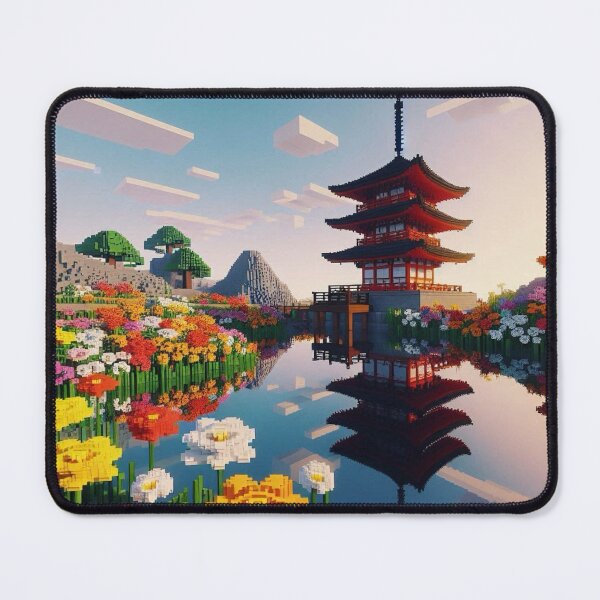 Item preview, Minecraft world, Japanese garden, cherry blossom trees, Japan, gaming, blue sky, pixel art, blocky digital landscape designed and sold by Sugar Wisdom .