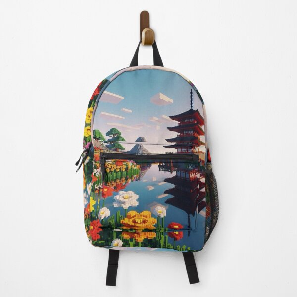 Item preview, Minecraft world, Japanese garden, cherry blossom trees, Japan, gaming, blue sky, pixel art, blocky digital landscape designed and sold by Sugar Wisdom .