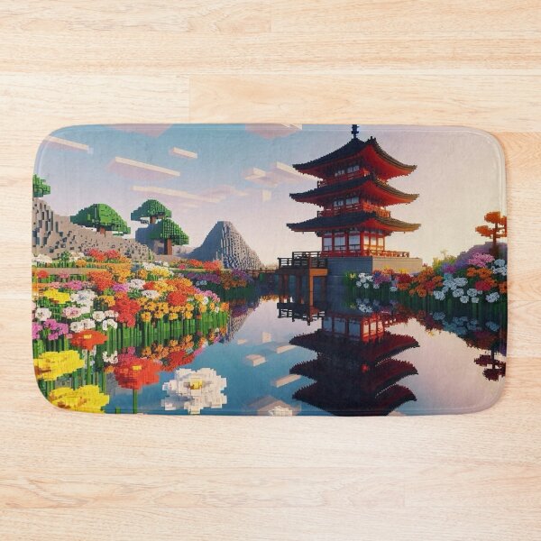 Item preview, Minecraft world, Japanese garden, cherry blossom trees, Japan, gaming, blue sky, pixel art, blocky digital landscape designed and sold by Sugar Wisdom .