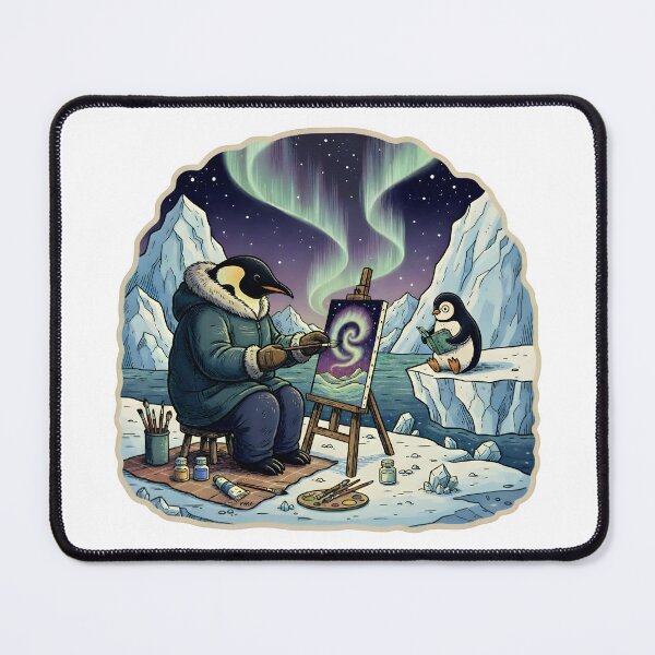 Item preview, Penguin Artist Painting the Northern Lights – Cozy Arctic Illustration designed and sold by Senkov.