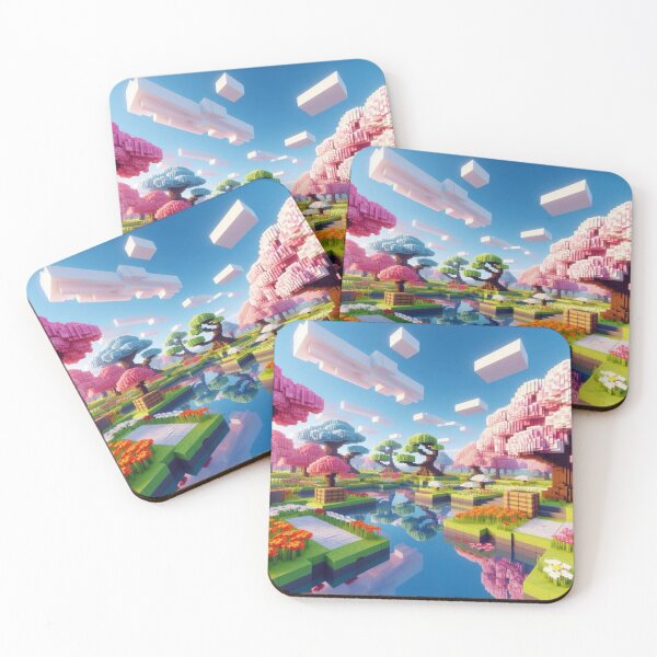 Item preview, Minecraft world, Japanese garden, cherry blossom trees, Japan, gaming, blue sky, pixel art, blocky digital landscape designed and sold by Sugar Wisdom .