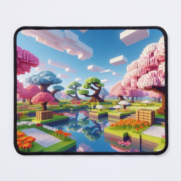 Item preview, Minecraft world, Japanese garden, cherry blossom trees, Japan, gaming, blue sky, pixel art, blocky digital landscape designed and sold by Sugar Wisdom .