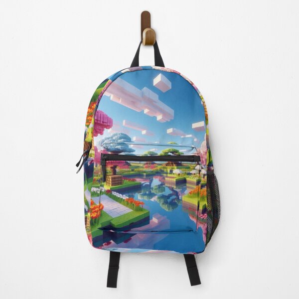 Item preview, Minecraft world, Japanese garden, cherry blossom trees, Japan, gaming, blue sky, pixel art, blocky digital landscape designed and sold by Sugar Wisdom .