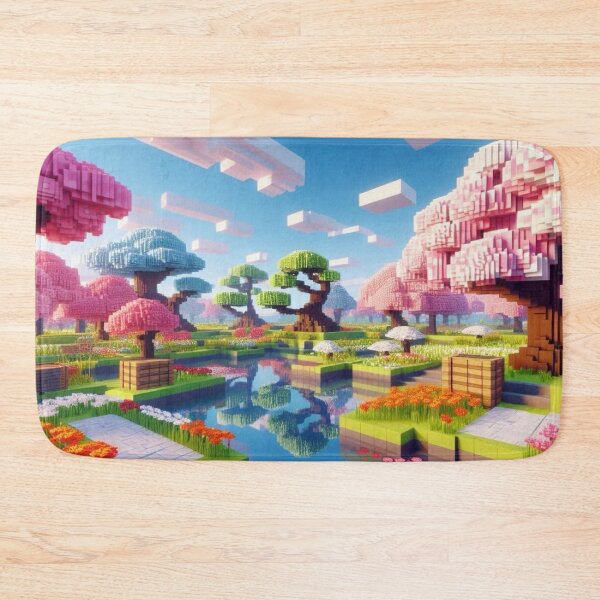 Item preview, Minecraft world, Japanese garden, cherry blossom trees, Japan, gaming, blue sky, pixel art, blocky digital landscape designed and sold by Sugar Wisdom .