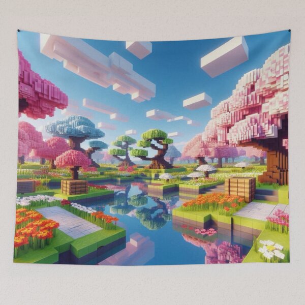 Item preview, Minecraft world, Japanese garden, cherry blossom trees, Japan, gaming, blue sky, pixel art, blocky digital landscape designed and sold by Sugar Wisdom .