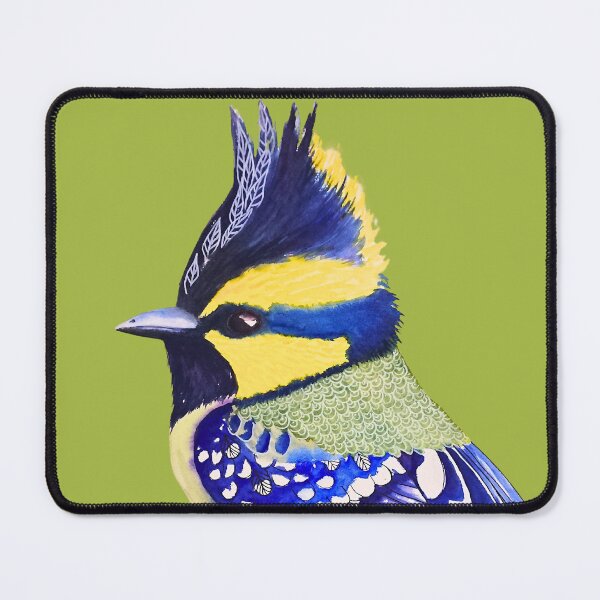 Item preview, Black lored tit with a lively gaze, yellow and blue contrast with an olive green background designed and sold by art-elodie-g.