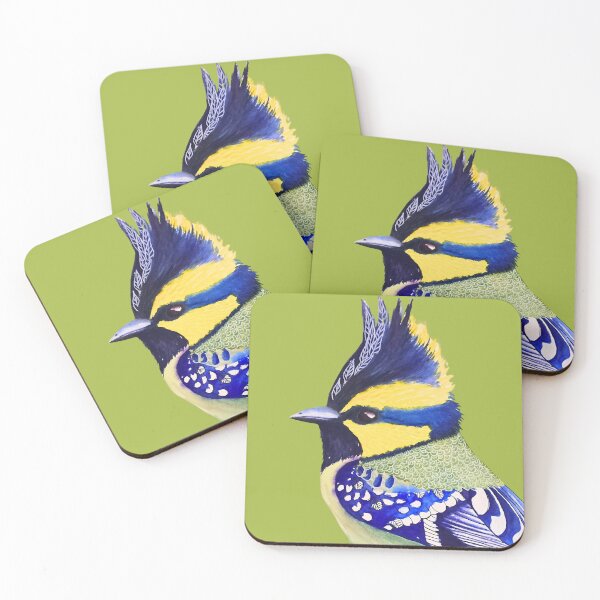 Item preview, Black lored tit with a lively gaze, yellow and blue contrast with an olive green background designed and sold by art-elodie-g.